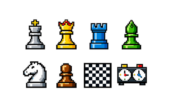 Pixel art chess icons set featuring king, queen, rook, bishop, knight, pawn, checkerboard square, and game clock in retro style