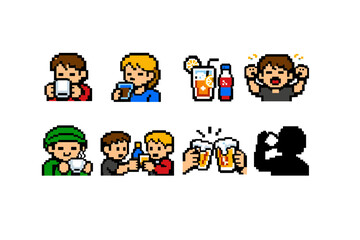 Naklejka premium Pixel art icon set of people drinking beverages, cheering with beer mugs, sipping coffee and soda, and showing excitement in retro style