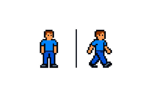 Pixel art sprite of a blue-clothed character shown in idle standing and walking animation frames, separated by a vertical divider on white background