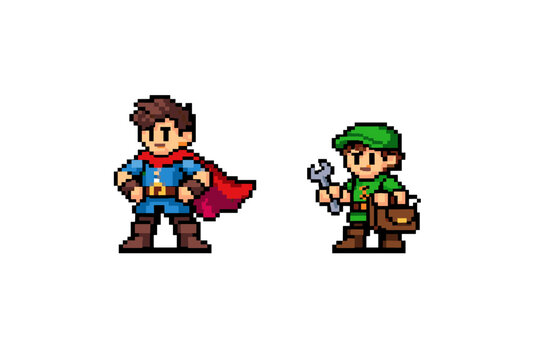 Two pixel art fantasy characters on white background, a caped hero with red cloak and boots beside a green-clad mechanic holding a wrench