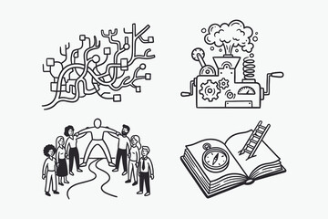 Set of Four Hand-Drawn Doodle Icons: Network, Mechanism, Teamwork, and Knowledge Concepts.