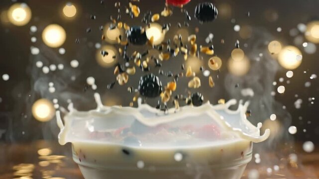 4K stock video, slow-motion colorful breakfast bowl levitating ingredients, porridge, granola, fresh berries, chia seeds floating bowl, milk splash slow-motion, vibrant pastel gradient background