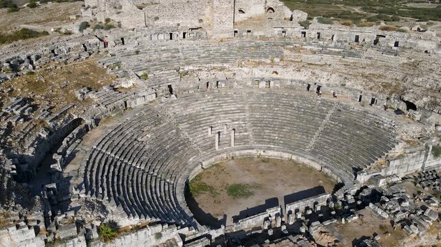Footage of historical ruins, columns, ancient theater and temples in the ancient city of Miletus.
