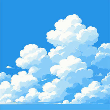 Square digital cartoon illustration of a bright blue sky filled with massive, fluffy white cumulus clouds. The artistic style resembles anime background
