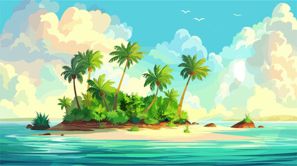 a small tropical island paradise. The scene features a sandy beach with coconut palm trees and lush green vegetation surrounded by calm turquoise ocean water © laurence