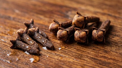 Obraz premium Closeup of cloves and salt on wooden surface