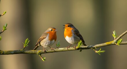 Obraz premium European robins perched on thin branch, one bird chirping, warm chest colors, early spring atmosphere, natural light, smooth bokeh, realistic nature photography