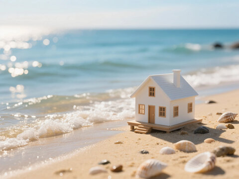 Miniature Beach House Concept on a Coastal Landscape Representing Seaside Living, Vacation Property, Real Estate Investment, Sustainable Lifestyle, and the Dream of a Relaxed Home by the Ocean