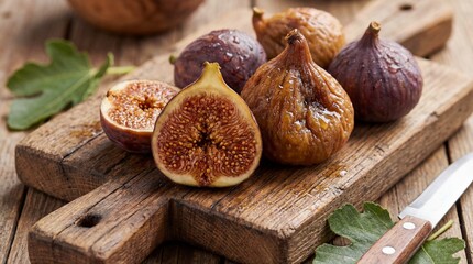 Fresh figs on a rustic wooden cutting board with a knife
