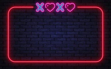 Naklejka premium Neon XOXO frame with heart symbols on brick background. Bright contrast expresses dating choices, emotions, or decision concepts.