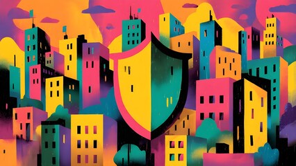 Obraz premium pop art illustration of city silhouette protected by abstract shield shapes bold color blocks