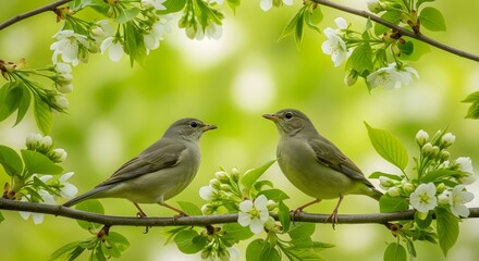 Fototapeta premium Pair of birds perched on branch in light morning fog, muted colors, calm mood, atmospheric wildlife photography, natural tones