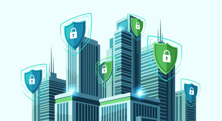 Illustration of a cityscape with skyscrapers and shields featuring locks, symbolizing cybersecurity and internet security in a modern urban setting with a focus on technology and