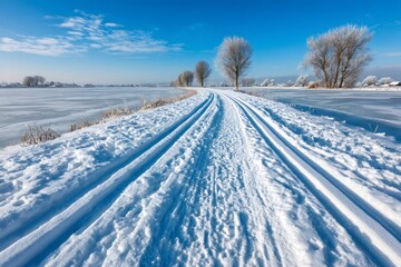 Obraz premium Cross country ski trail through winter landscape with frozen lake