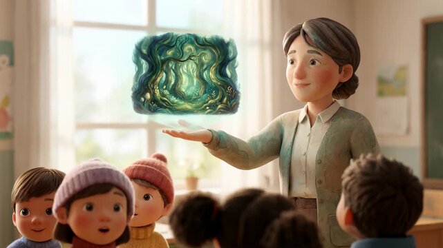 An educator stands in front of a classroom holding a glowing cube while students watch with curiosity. The interaction promotes imagination and creativity among the children