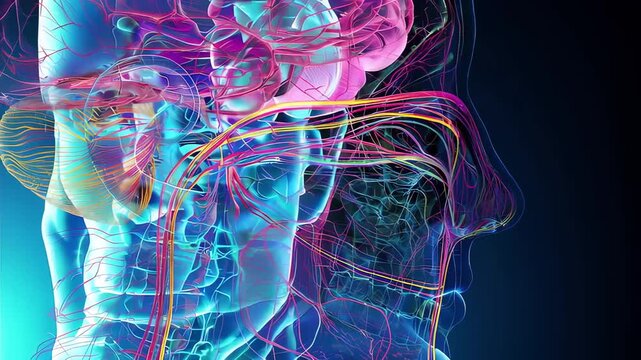 Neurological medical illustration mapping complete olfactory pathway from nasal receptors through cribriform plate to primary olfactory cortex, transparent brain overlay