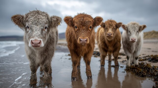Four young cows grazing on Brora Beach, munching seaweed along the shoreline