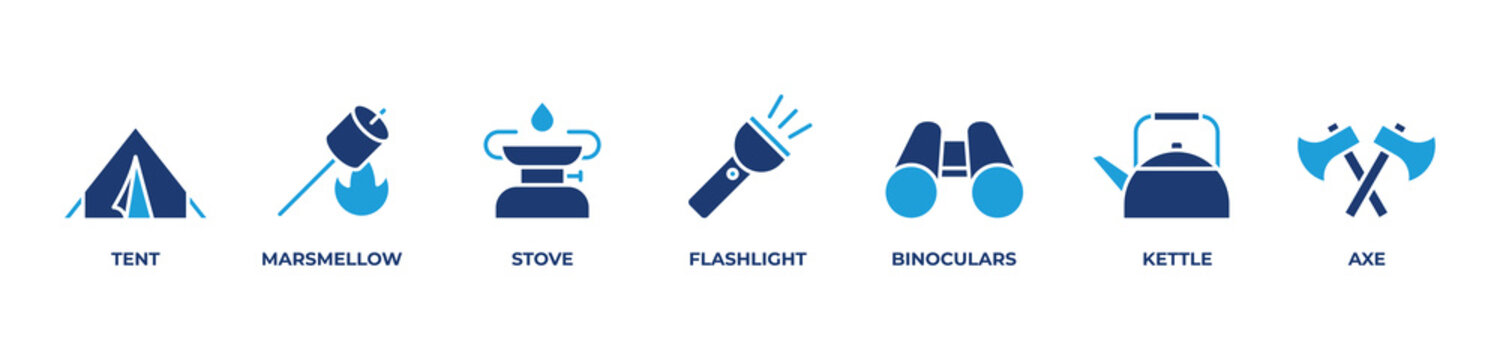 Camp Essentials  Icons set vector illustration with blue Tent, Marsmellow, Stove, Flashlight, Binoculars, Kettle, Axe