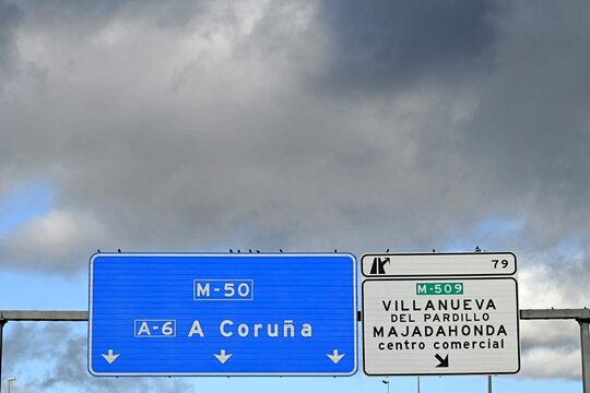 The photo shows road signs on a motorway in Spain, pointing towards the M-50, A-6 towards La Coru&ntilde;a and the exit for Villanueva del Pardillo and Majadahonda. January 29,2026