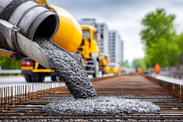 Fototapeta premium Concrete mixer truck pouring wet cement on rebar framework