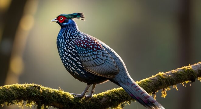 Himalayan monal pheasant perched on mossy forest branch, iridescent metallic feathers shimmering in soft mountain sunlight, natural habitat, shallow depth of field, ultra realistic wildlife photograph