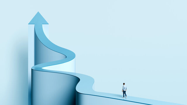 Man walking on a winding path toward a large upward arrow, representing business strategy, long-term growth, and corporate success, 3D render