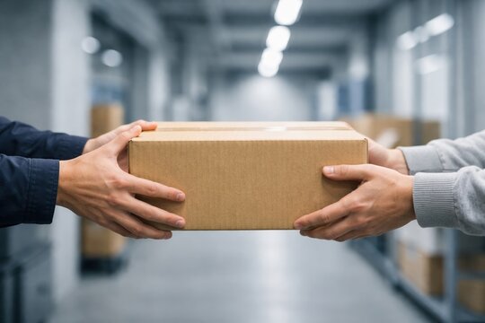 Close-up of hands exchanging a cardboard package in a modern logistics hub, symbolizing professional delivery, supply chain efficiency, trust, and modern business operations.