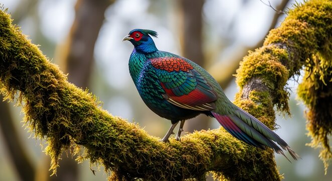 Himalayan monal pheasant perched on mossy forest branch, iridescent metallic feathers shimmering in soft mountain sunlight, natural habitat, shallow depth of field, ultra realistic wildlife photograph