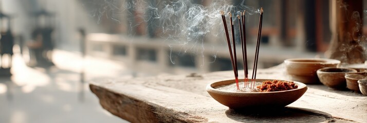 Burning incense sticks creating smoke for meditation ritual