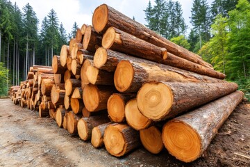Stacked pine tree logs on forest logging site