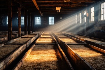 Obraz premium Germinating barley on malting floors: long rows of wooden troughs in a historic malt house