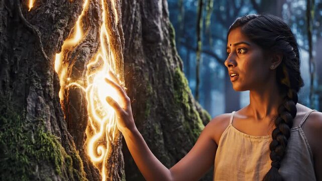 Woman touching glowing ancient tree releasing magical energy