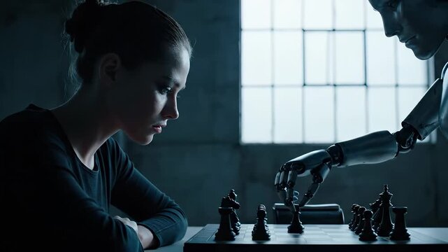woman faces robot across chess table. chess game displays strategy and move planning. opponent studies piece near window. silent tactical duel unfolds. piece cluster marks midgame planning now.