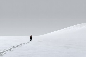 Solo hiker trekking across vast winter snow landscape