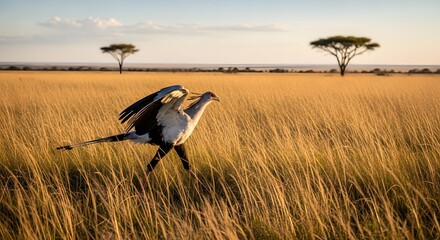 Obraz premium Secretary bird walking gracefully through tall grass, wings slightly open, African plains, cinematic wide shot, warm afternoon light, ultra realistic