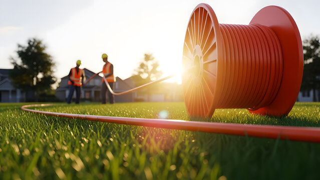 Installing fiber optic cable in residential neighborhood during sunset | Technicians unrolling broadband internet wire spool on green lawn | Last mile connection infrastructure rollout for high-speed 