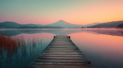 Fototapeta premium Golden hour by the water: serene mountain reflections with vintage film aesthetic