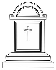 Fototapeta premium Simple outline drawing of a classic gravestone with a cross etched on its face, featuring an arched top and layered base.