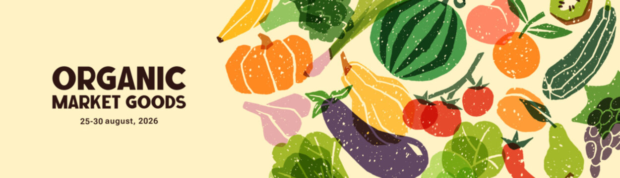 Design of farmers' market banner with doodle veggies. Promotion of farm fair, sale of agricultural crops in grocery store. Template with natural vegetables and organic fruits. Flat vector illustration