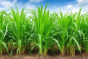 Obraz premium Sugarcane plantation growing fresh green crop under blue sky