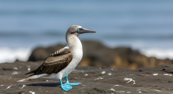 Blue footed booby standing on rocky shore, bright blue feet visible, coastal background, clear daylight, realistic wildlife photo style