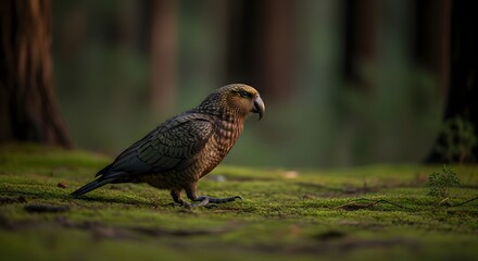 Obraz premium Kakapo parrot walking on forest floor at dusk, mossy ground, soft low light, peaceful natural scene, ultra realistic wildlife photography