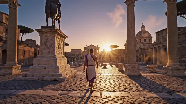 Roman citizen walking through ancient ruins at sunrise