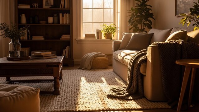 Cozy Living Room Interior with Warm Sunlight and Comfortable Furniture.