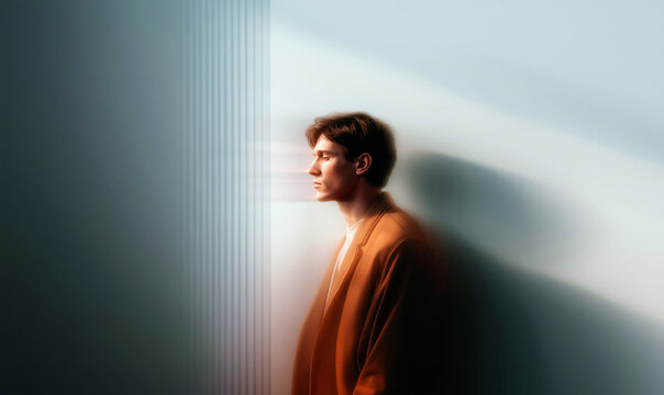 Artistic Side Profile Portrait of Young Man Against White Wall With Abstract Light Reflections and Orange Glow in Dreamy Atmosphere