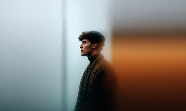 Artistic Side Profile Portrait of Young Man Against White Wall With Abstract Light Reflections and Orange Glow in Dreamy Atmosphere