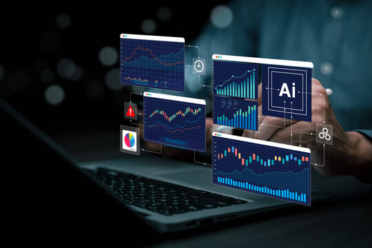 AI powered business analytics dashboard with data visualization and performance charts, representing artificial intelligence technology for data driven decision making, automation and enterprise