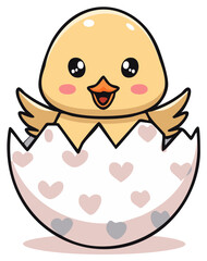 Obraz premium Cartoon chick hatching from an egg with heart patterns, celebrating spring