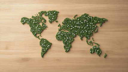 Green World Map on Wooden Background with White Dots Representing Global Environment and Connectivity