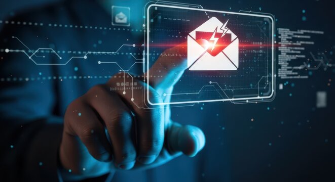 Cybersecurity phishing alert with a hand hesitating over a suspicious email icon on a glowing interface, representing cyber threat awareness and social engineering attacks.